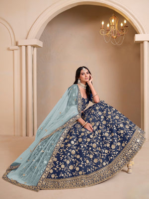 Rajwada Navy Blue Silk Blend Embellished Lehenga For Women