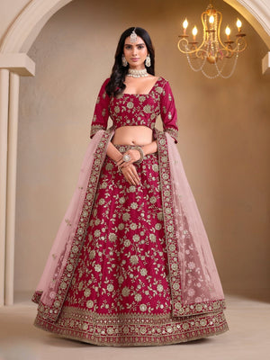 Rajwada Dark Pink Silk Blend Embellished Lehenga For Women