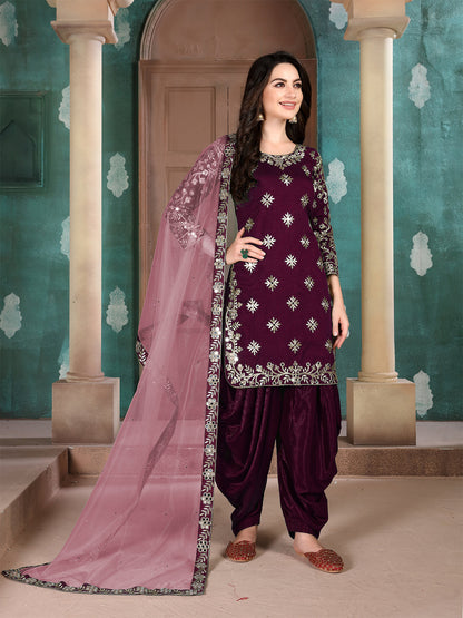 Rajwada Purple Art Silk Embroidered Semi stitched Kurta Set For Women