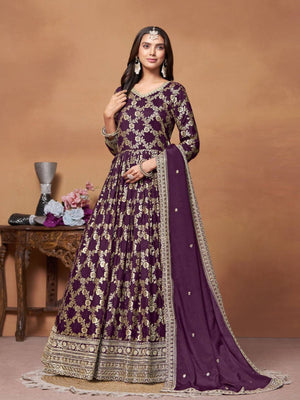 Rajwada Purple Silk Blend Foil Print Gown For Women