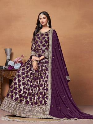 Rajwada Purple Silk Blend Foil Print Gown For Women