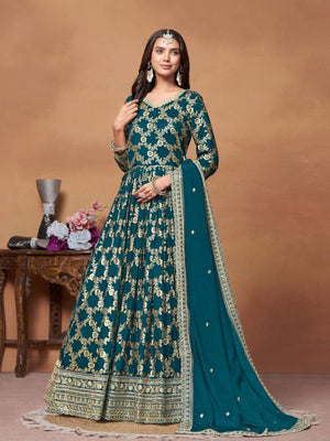 Rajwada Teal Silk Blend Foil Print Gown For Women