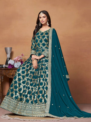 Rajwada Teal Silk Blend Foil Print Gown For Women