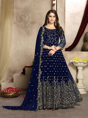 Rajwada Navy Blue Georgette Embroidered Semi stitched Kurta Set For Women