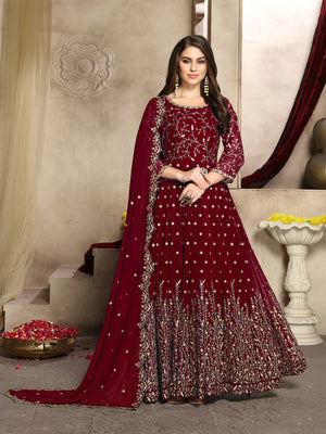 Rajwada Maroon Georgette Embroidered Semi stitched Kurta Set For Women