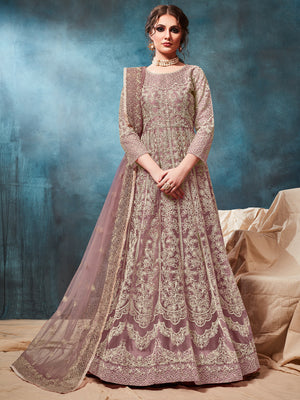 Rajwada Mauve Net Embroidered Semi stitched Kurta Set with Inner For Women