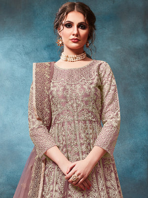 Rajwada Mauve Net Embroidered Semi stitched Kurta Set with Inner For Women
