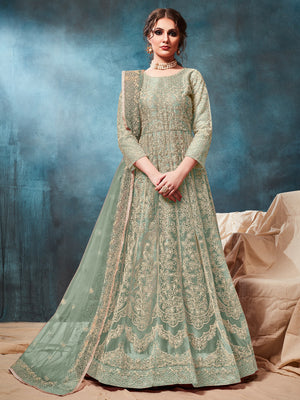 Rajwada Light Green Net Embroidered Semi stitched Kurta Set with Inner For Women