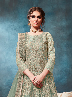 Rajwada Light Green Net Embroidered Semi stitched Kurta Set with Inner For Women