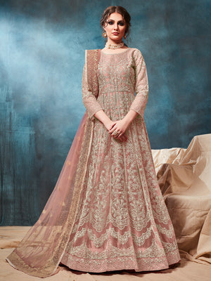 Rajwada Peach Net Embroidered Semi stitched Kurta Set with Inner For Women