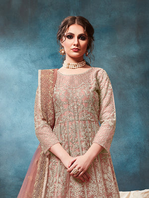 Rajwada Peach Net Embroidered Semi stitched Kurta Set with Inner For Women