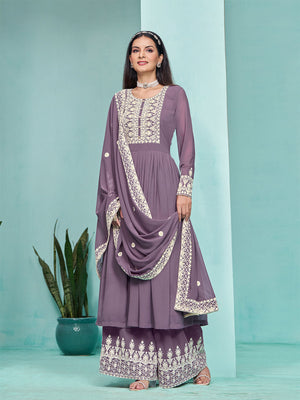 Rajwada Purple Georgette Embroidered Semi Stitched Kurta Set For Women