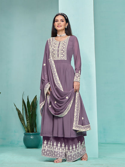 Rajwada Purple Georgette Embroidered Semi Stitched Kurta Set For Women