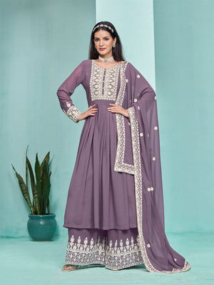 Rajwada Purple Georgette Embroidered Semi Stitched Kurta Set For Women