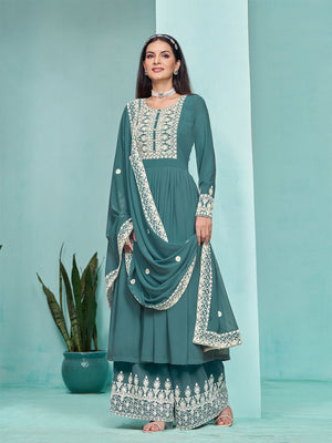 Rajwada Teal Georgette Embroidered Semi Stitched Kurta Set For Women