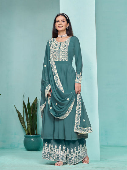 Rajwada Teal Georgette Embroidered Semi Stitched Kurta Set For Women
