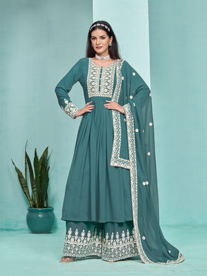 Rajwada Teal Georgette Embroidered Semi Stitched Kurta Set For Women