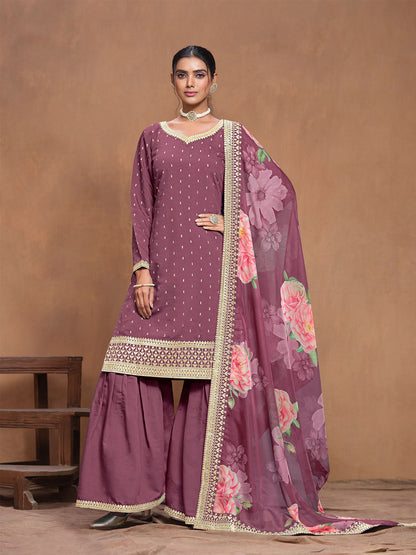 Rajwada Mauve Embroidered Silk Blend Semi Stitched Kurta Set For Women