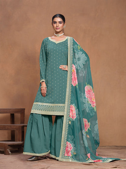 Rajwada Teal Embroidered Silk Blend Semi Stitched Kurta Set For Women