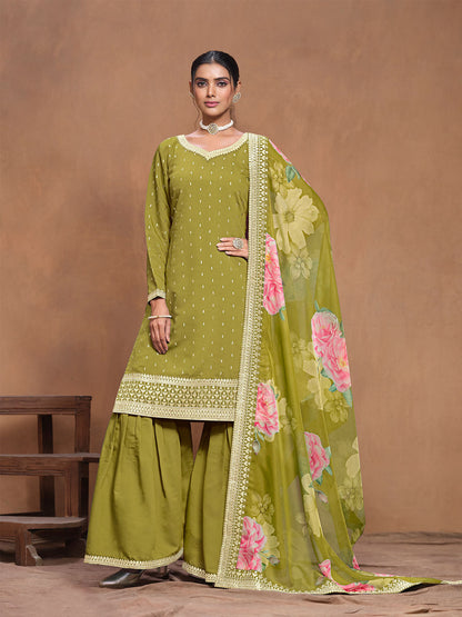 Rajwada Light Green Embroidered Silk Blend Semi Stitched Kurta Set For Women