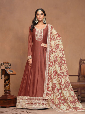Rajwada Brown Embroidered Art Silk Semi Stitched Gown With Dupatta For Women