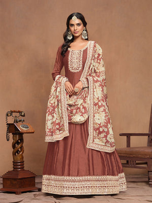 Rajwada Brown Embroidered Art Silk Semi Stitched Gown With Dupatta For Women