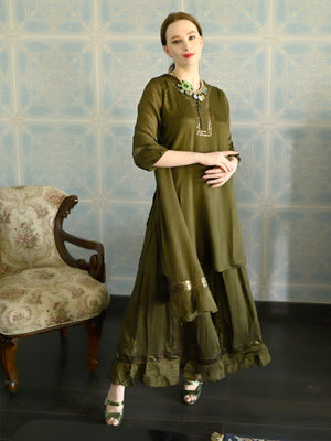 Rajwada Women Dark Green Crepe Designer Stitched Kurta Set