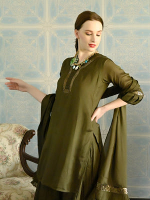 Rajwada Women Dark Green Crepe Designer Stitched Kurta Set