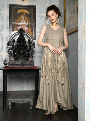 Rajwada Women Beige Crepe Designer Indo-Western Dress