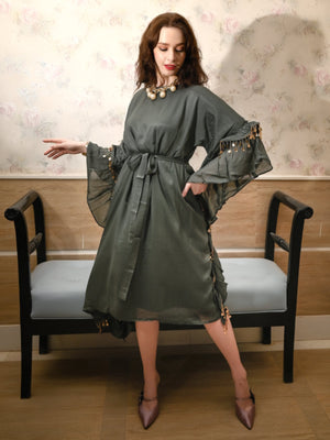 Rajwada Women Dark Green Crepe Designer Stitched Indo-Western Dress