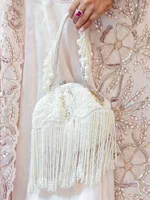Rajwada Off White Velvet Embellished Hand Bag For Women