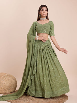 Rajwada Green Georgette Embroidered Semi-Stitched Lehenga For Women