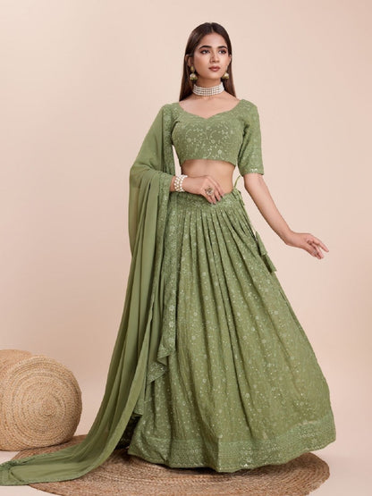 Rajwada Green Georgette Embroidered Semi-Stitched Lehenga For Women