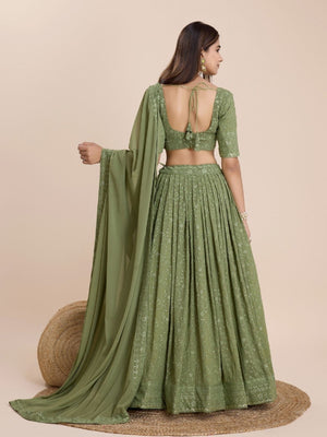 Rajwada Green Georgette Embroidered Semi-Stitched Lehenga For Women