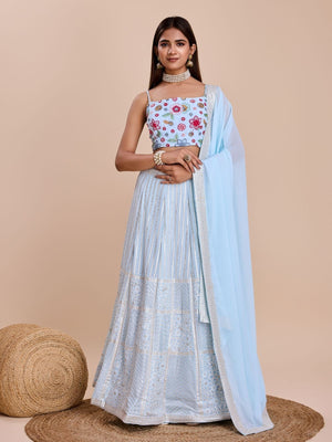 Rajwada Light Blue Georgette Embroidered Semi-Stitched Lehenga For Women