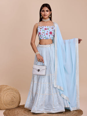 Rajwada Light Blue Georgette Embroidered Semi-Stitched Lehenga For Women