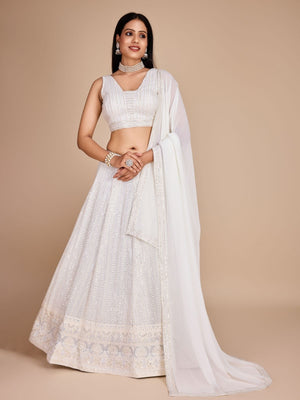 Rajwada White Georgette Embroidered Semi-Stitched Lehenga For Women