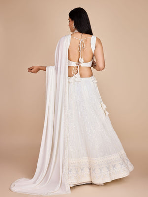 Rajwada White Georgette Embroidered Semi-Stitched Lehenga For Women