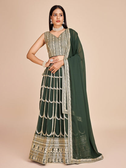 Rajwada Green Georgette Embroidered Semi-Stitched Lehenga For Women