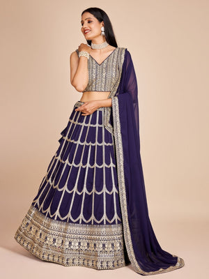 Rajwada Navy Blue Georgette Embroidered Semi-Stitched Lehenga For Women