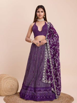 Rajwada Purple Georgette Embroidered Semi-Stitched Lehenga For Women