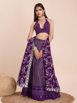 Rajwada Purple Georgette Embroidered Semi-Stitched Lehenga For Women