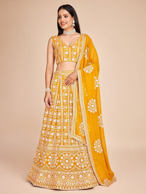 Rajwada Yellow  Georgette Embroidered Semi-Stitched Lehenga For Women