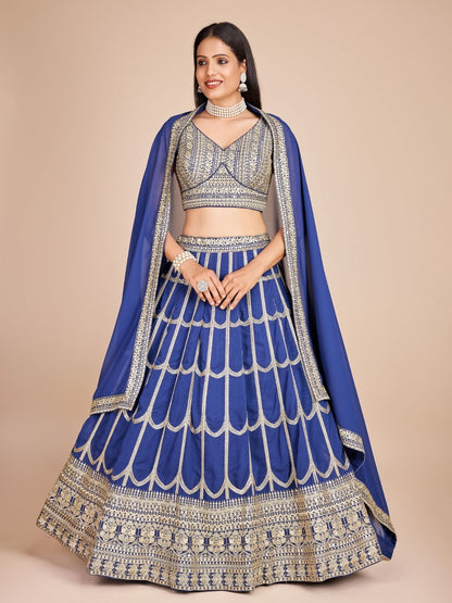 Rajwada Blue Georgette Embroidered Semi-Stitched Lehenga For Women