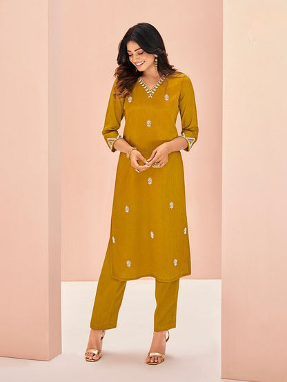 Rajwada Mustard Chinon Embroidered Stitched Kurta Set For Women