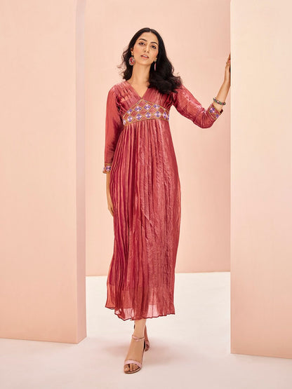 Rajwada Red Organza Embroidered Stitched Gown For Women