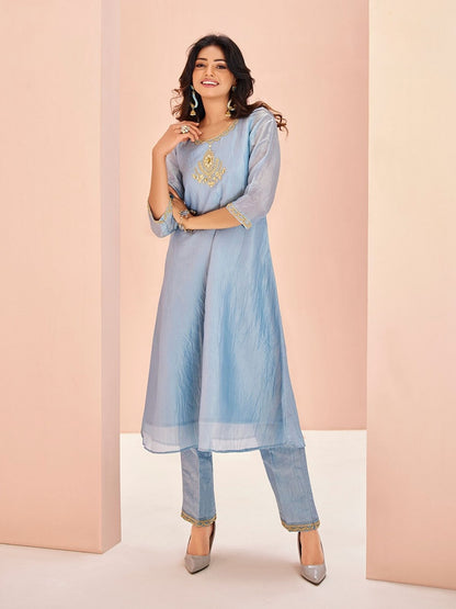 Rajwada Light Blue Organza Embroidered Stitched Kurta Set For Women