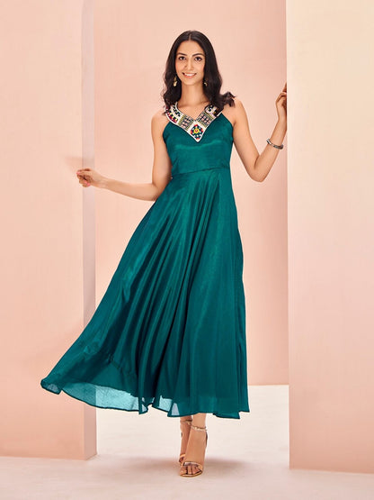Rajwada Teal Chinon Embroidered Stitched Gown For Women