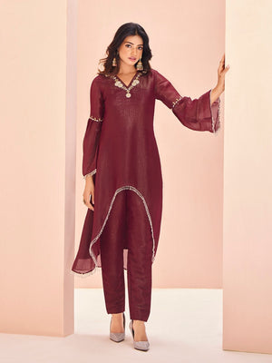Rajwada Wine Organza Embroidered Stitched Kurta Set For Women