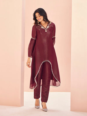 Rajwada Wine Organza Embroidered Stitched Kurta Set For Women